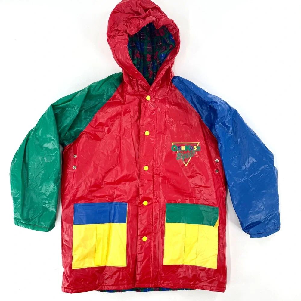 OshKosh Bgosh Raincoat Kids 7 Multi Color Good Vintage Colorblock Plaid 90s PVC
